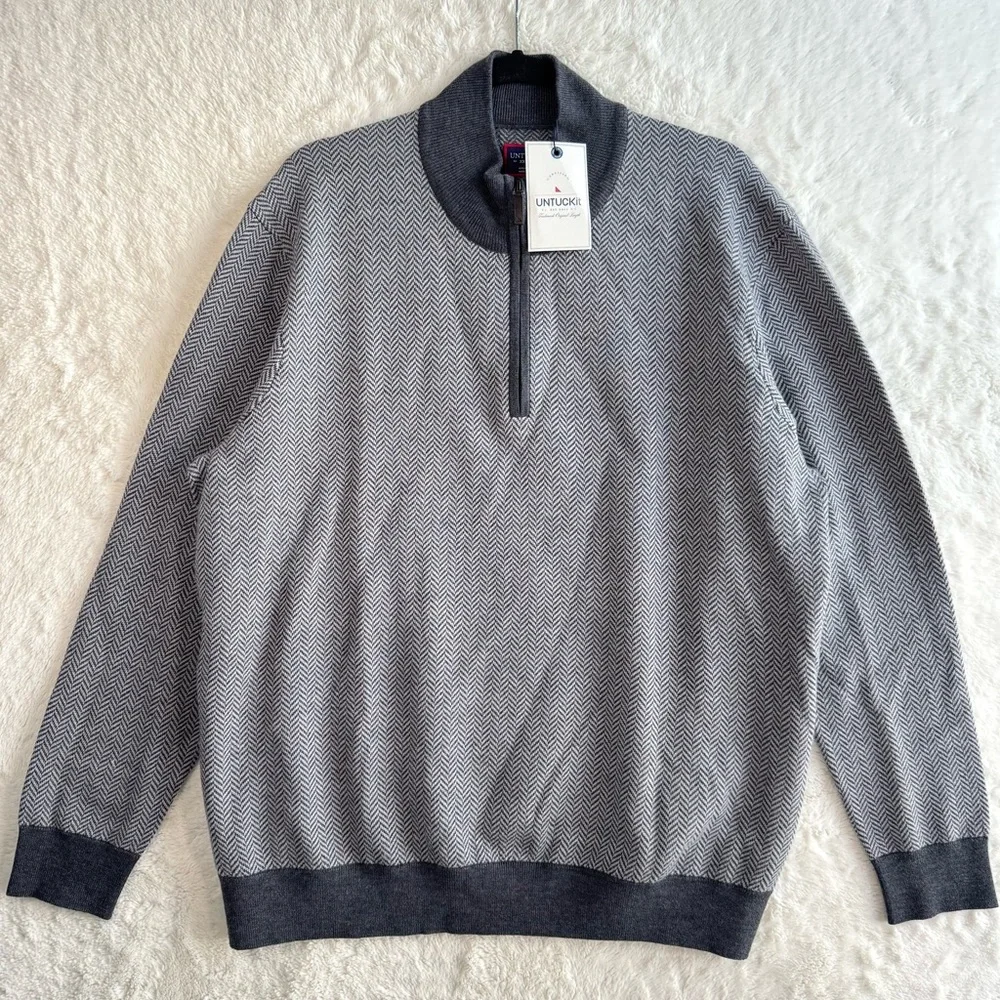 UNTUCKit Belguardo Herringbone Quarter Zip Mens XXL Gray Merino Wool Classic NEW